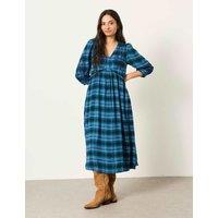 FatFace Checked Embroidered V-Neck Midi Waisted Dress Blue Mix