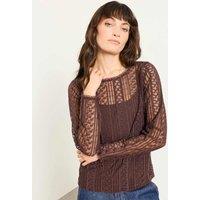 FatFace Lace Round Neck Top Chocolate