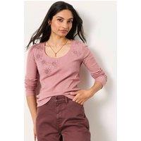 FatFace Pure Cotton Ribbed Appliqu Top Pink