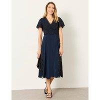 FatFace Lace Embellished V-Neck Midi Waisted Dress Navy