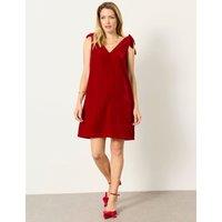 FatFace Velvet Bow V-Neck Knee Length Shift Dress Red