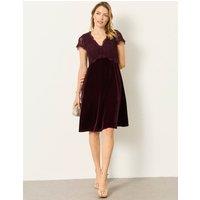 FatFace Velvet Lace Detail V-Neck Mini Waisted Dress Burgundy