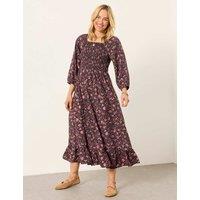 FatFace Floral Square Neck Midi Tea Dress Brown Mix
