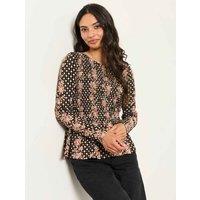 FatFace Cotton Rich Floral Shirred Peplum Top Black Mix
