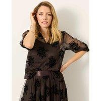 FatFace Tulle Floral V-Neck Frill Detail Top Chocolate