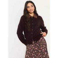 FatFace Wool Blend Crew Neck Button Front Cardigan Chocolate