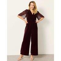 FatFace Velvet Tulip Sleeves Waisted Jumpsuit Burgundy