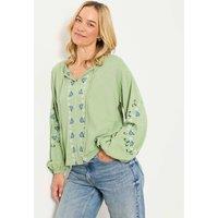 FatFace Pure Cotton Embroidered Tie Neck Blouse Green Mix