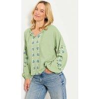 FatFace Pure Cotton Embroidered Tie Neck Blouse Green Mix