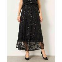 FatFace Sequin Embellished Midi A-Line Skirt Black