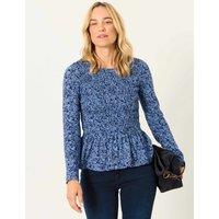 FatFace Cotton Rich Floral Shirred Peplum Top Blue Mix