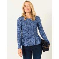 FatFace Cotton Rich Floral Shirred Peplum Top Blue Mix