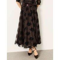 FatFace Floral Tulle Pleated Midi Skirt Brown Mix