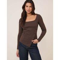 Nobody's Child Cotton Rich Square Neck Asymmetric Top Brown