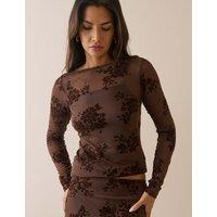 Nobody's Child Slash Neck Floral Devor Top Brown