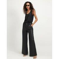 River Island Leather Look Belted Wide Leg Trousers Black