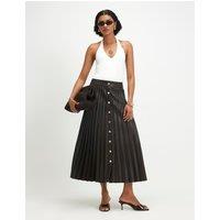 River Island Leather Look Popper Front Pleated Midi Skirt Dark Brown