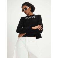 River Island Jersey Floral Broderie High Neck Blouse Black Mix