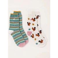 FatFace 2 Pack Squirrel Striped Fluffy Socks Ivory Mix
