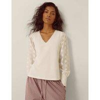 Monsoon Cotton Rich V-Neck Blouse Ivory