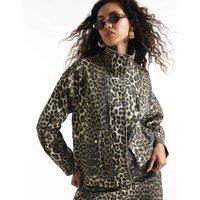 River Island Denim Leopard Print Funnel Neck Jacket Brown Mix