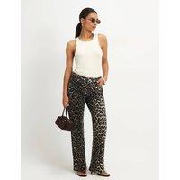 River Island Mid Rise Leopard Print Slim Straight Leg Jeans Beige Mix