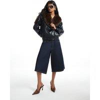 River Island Faux Leather Faux Fur Collar Aviator Jacket Black