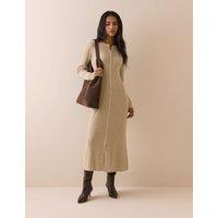 Nobody's Child Knitted Button Through Midi Bodycon Dress Beige
