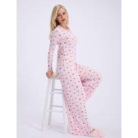 Boux Avenue Ribbed Bow Print Wide Leg Pyjama Set Pink Mix