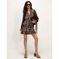 River Island Bandana Print Tie Waist Mini Shirt Dress Brown Mix
