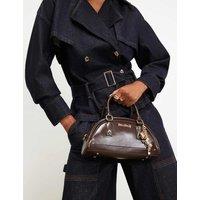 River Island Faux Leather Charm Bowler Bag Dark Brown