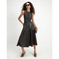 River Island Faux Leather Belted Flared Midi Shirt Dress Brown