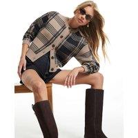 River Island Pure Cotton Checked Banana Sleeve Cardigan Brown Mix
