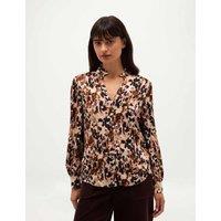 HOBBS Textured Collared Neck Blouson Sleeve Blouse Beige Mix