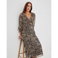 Finery London Chiffon Animal Print V Neck Ruffle Midi Dress Natural Mix