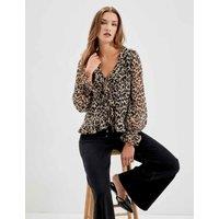 Finery London Chiffon Animal Print V Neck Tie Front Blouse Natural Mix