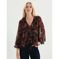 Finery London Chiffon Paisley Ruffle Front Tie Blouse Black Mix