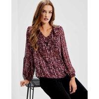 Finery London Printed Satin Chiffon Ruffle Blouse Burgundy Mix