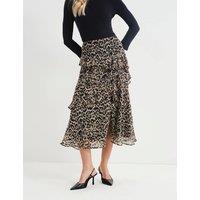 Finery London Leopard Print Asymmetric Ruffle Midi Tiered Skirt Natural Mix