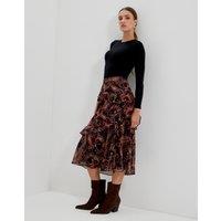 Finery London Chiffon Paisley Ruffle Midi Tiered Skirt Black Mix