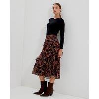 Finery London Chiffon Paisley Ruffle Midi Tiered Skirt Black Mix