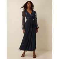 Monsoon Floral Embroidered Mesh Maxi Tea Dress Navy Mix