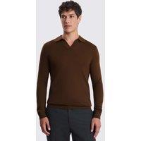 MOSS Merino Wool Rich Knitted Polo Shirt Brown