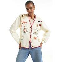 River Island Quirky Embroidered Sweatshirt Cardigan Cream Mix