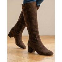 Jones Bootmaker Leather Stretch Block Heel Long Boots Chocolate