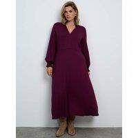 Live Unlimited London Jersey V-Neck Frill Detail Midaxi Tea Dress Burgundy