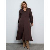 Live Unlimited London Jersey V-Neck Frill Detail Midaxi Tea Dress Chocolate