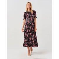 Ghost Crepe Floral Tie Neck Midi Tea Dress Black Mix