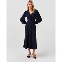 Ghost V-Neck Button Detail Midi Waisted Dress Navy