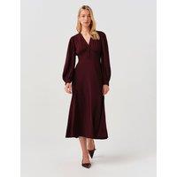 Ghost V-Neck Button Detail Midi Waisted Dress Burgundy
